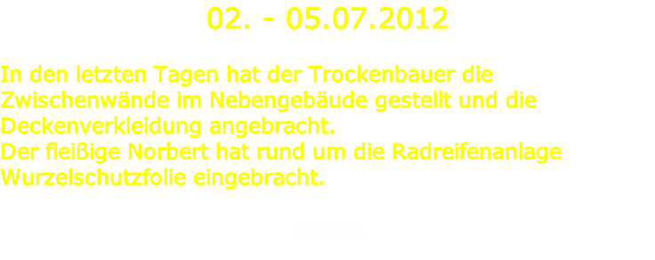 02. - 05.07.2012

In den letzten Tagen hat der Trockenbauer die Zwischenwände im Nebengebäude gestellt und die Deckenverkleidung angebracht.
Der fleißige Norbert hat rund um die Radreifenanlage Wurzelschutzfolie eingebracht.

zurück
